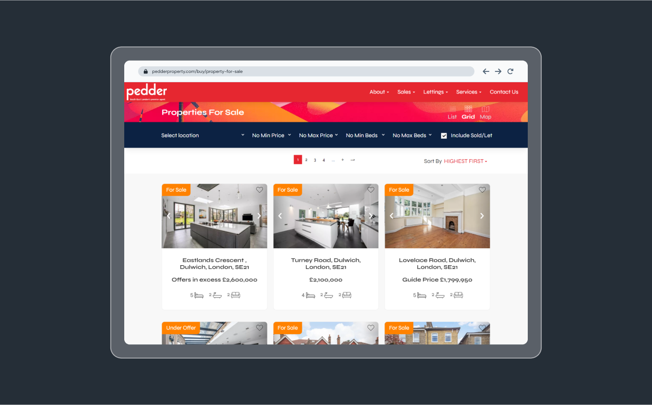 Pedder Property Estate Agent Website - Tablet View