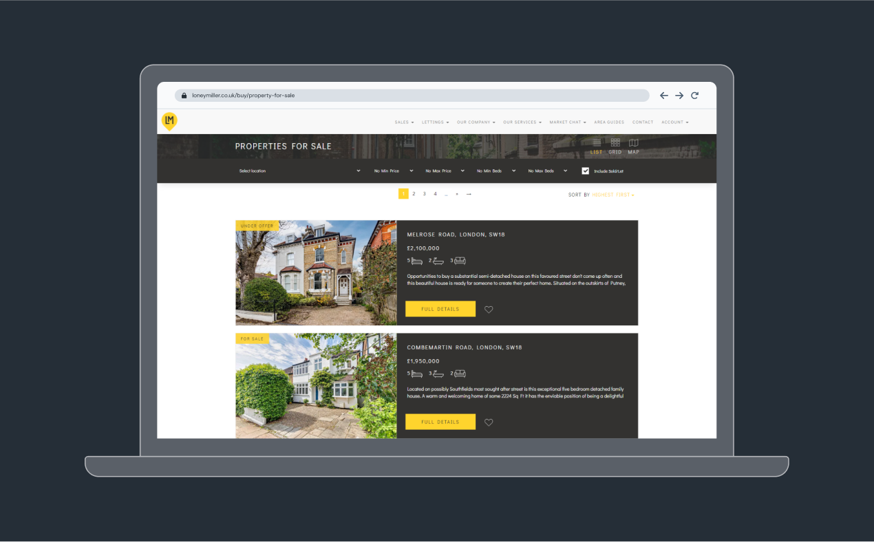 Loney Miller Estate Agent Website - Desktop View